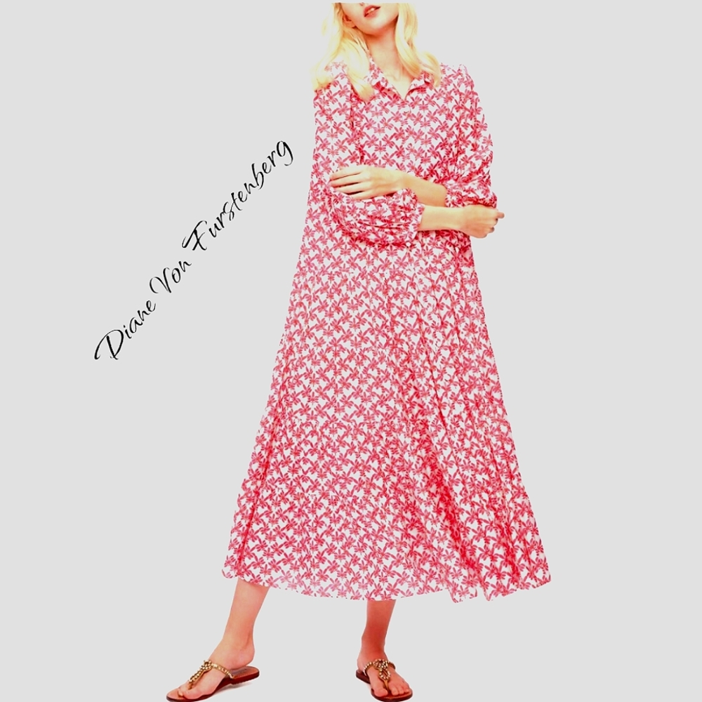 Diane Von Furstenberg Nwt Pink/White Longsleeve Shift Trellis Gal Dress